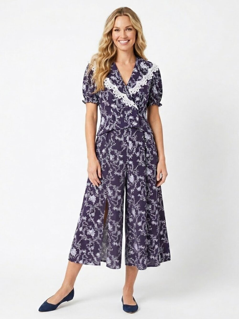 Scott McClintock Jumpsuit Size 14 Navy Floral Wide Leg Culotte Vintage Prairie
